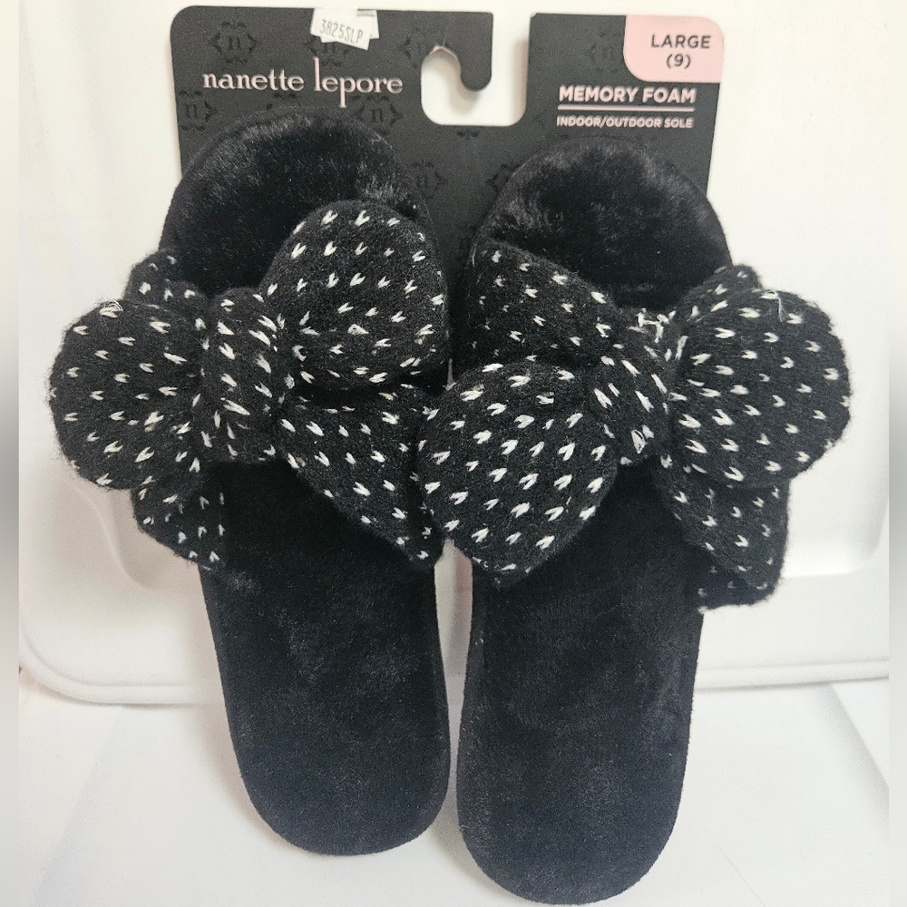 Nanette Lepore Black Bow Memory Foam Slippers Sz L (9) New